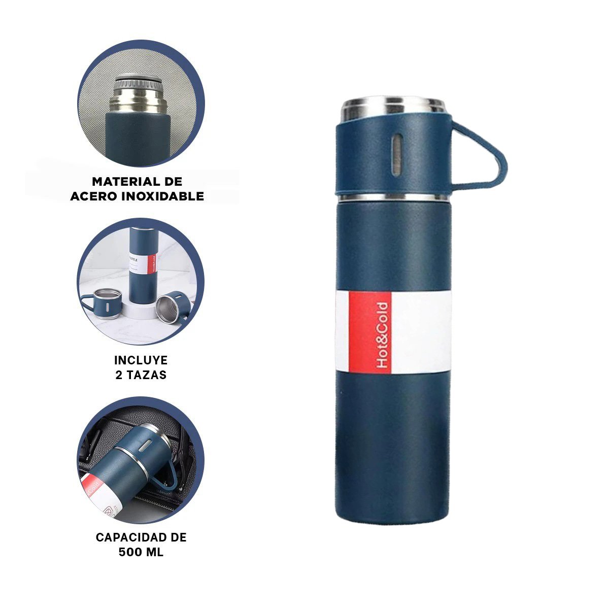 BOTELLA TERMICA INDIVIDUAL CON DOS TAZAS PARA OFICINA Y HOGAR AZUL Y+PAPEL REGALO - 5