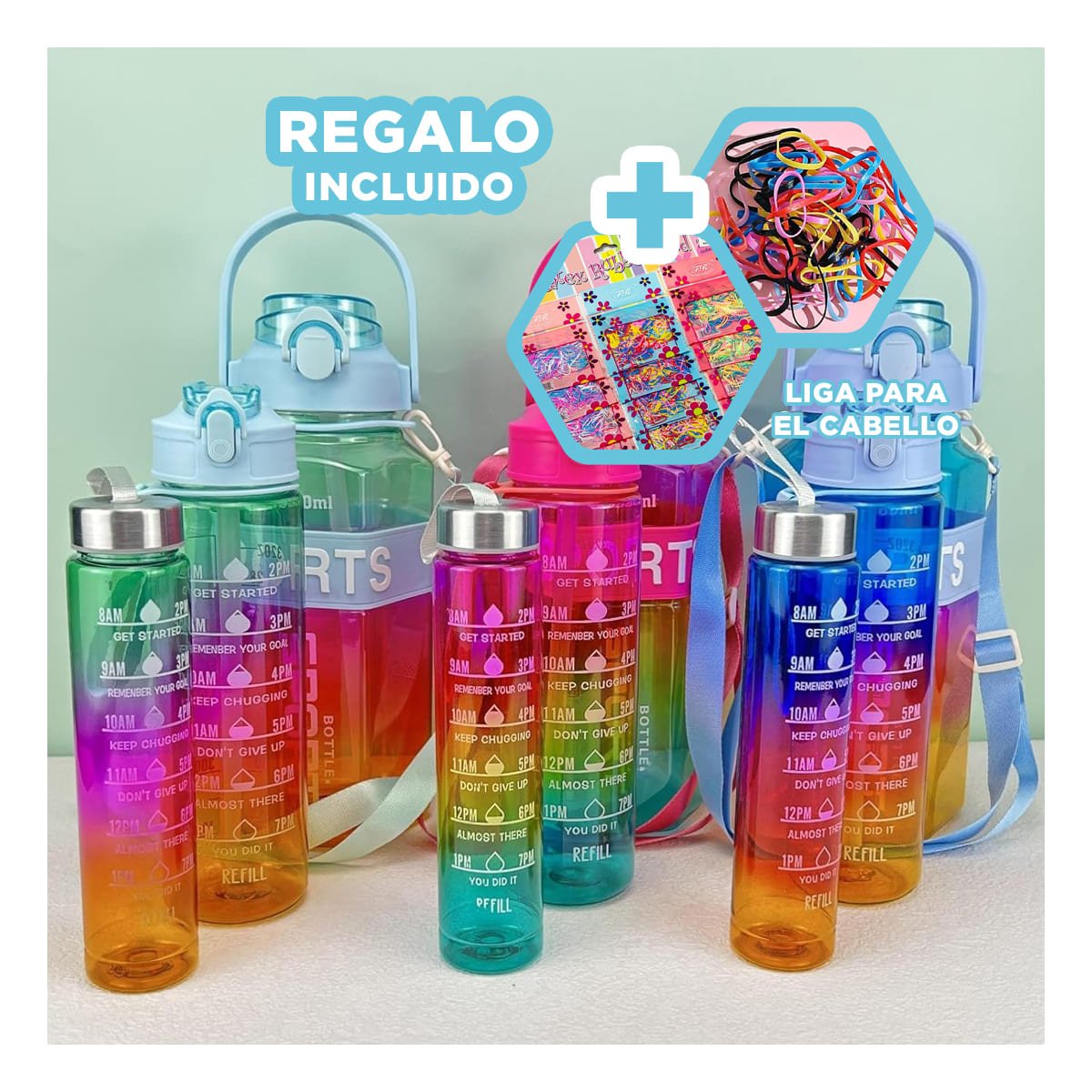 TOMATODO TRIO TRANSPARENTE CELESTE FUCSIA Y AMARILLO LIGERO Y COMODO TRANSPORTAR YLIGAS REGALO - 2