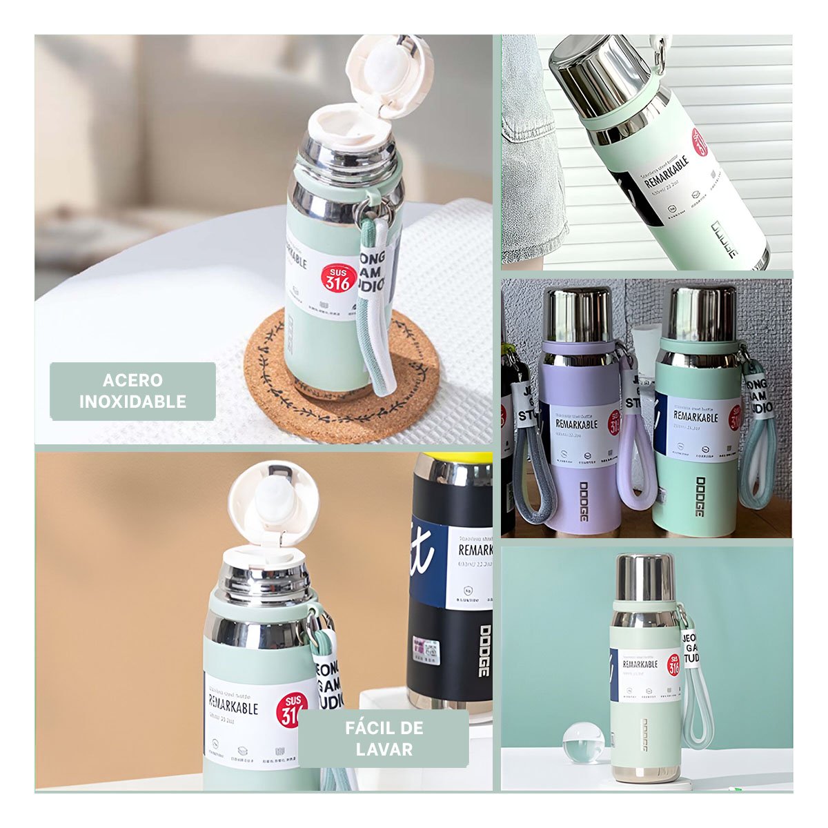 PACK4 FRASCO VERDE AGUA 800ML PARA CAFÉ TÉ Y BEBIDAS DIARIAS EN OFICINA Y+REGALO STICKER - 2