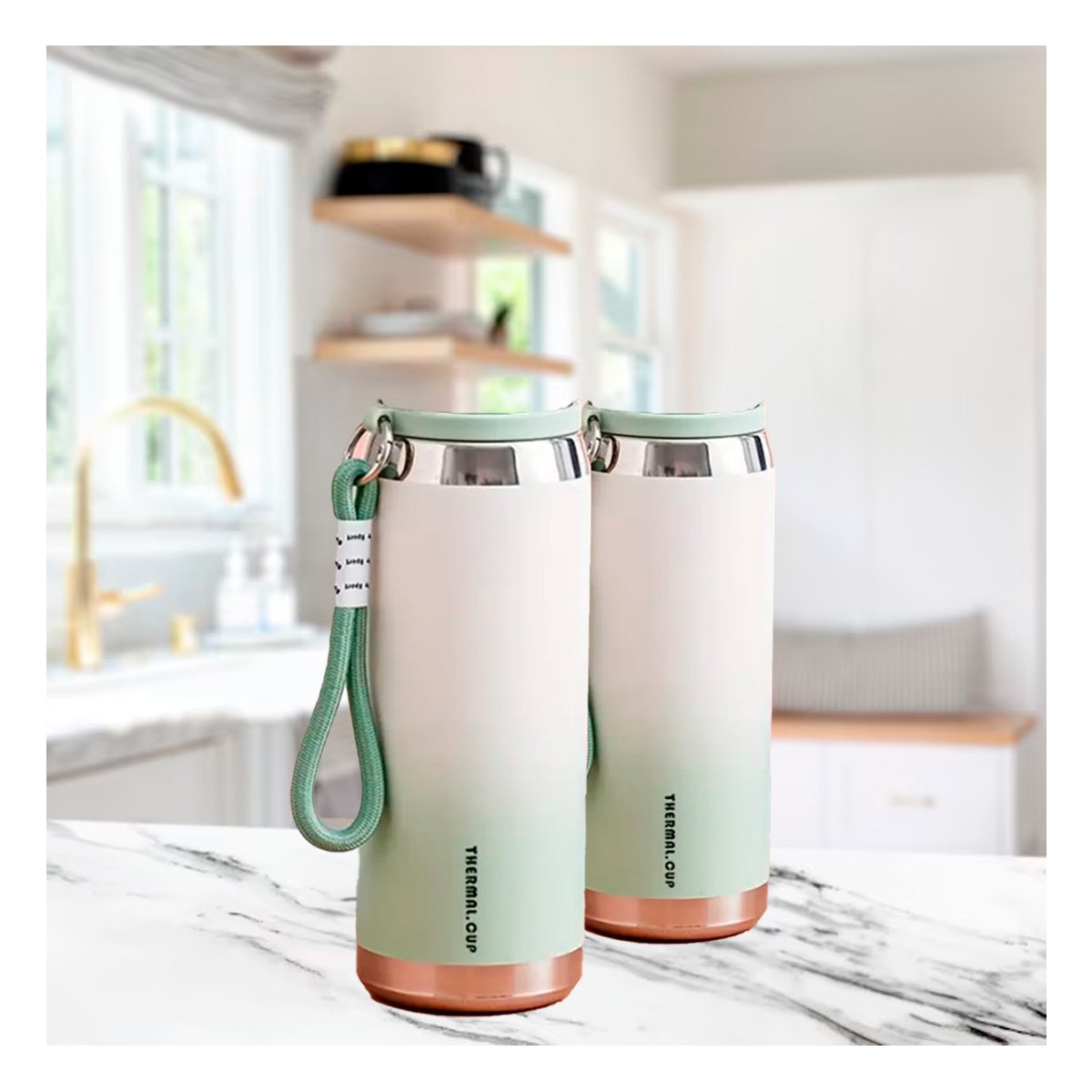 PACK2 RECIPIENTE TÉRMICO DEGRADADO VERDE AGUA 800ML CON TAPA HERMÉTICA CAFÉ Y+PAPEL REGALO - 5