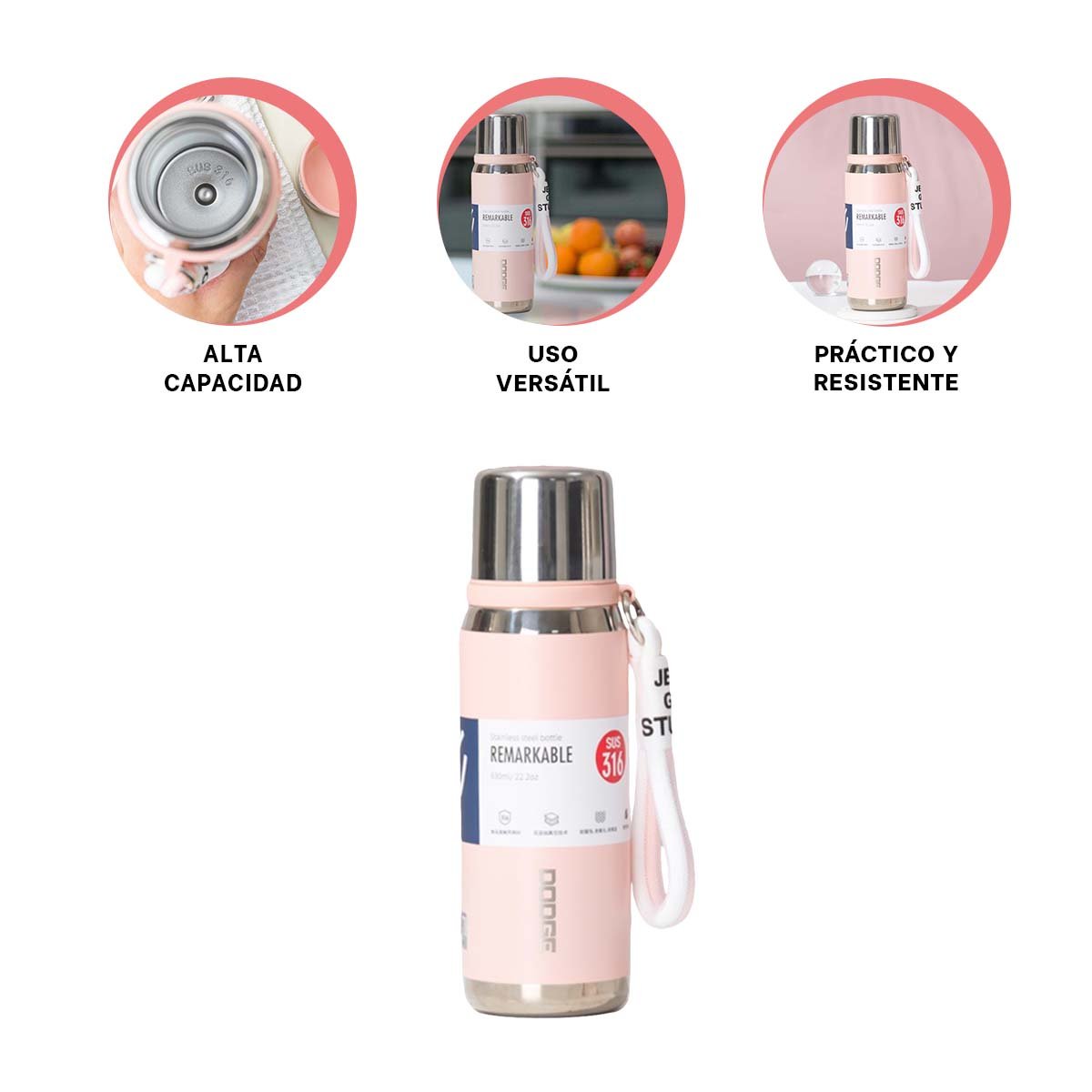 TERMO ROSADO 800ML PARA TRANSPORTE DE BEBIDAS CALIENTES Y FRÍAS EN HOGAR Y+POST IT - 5