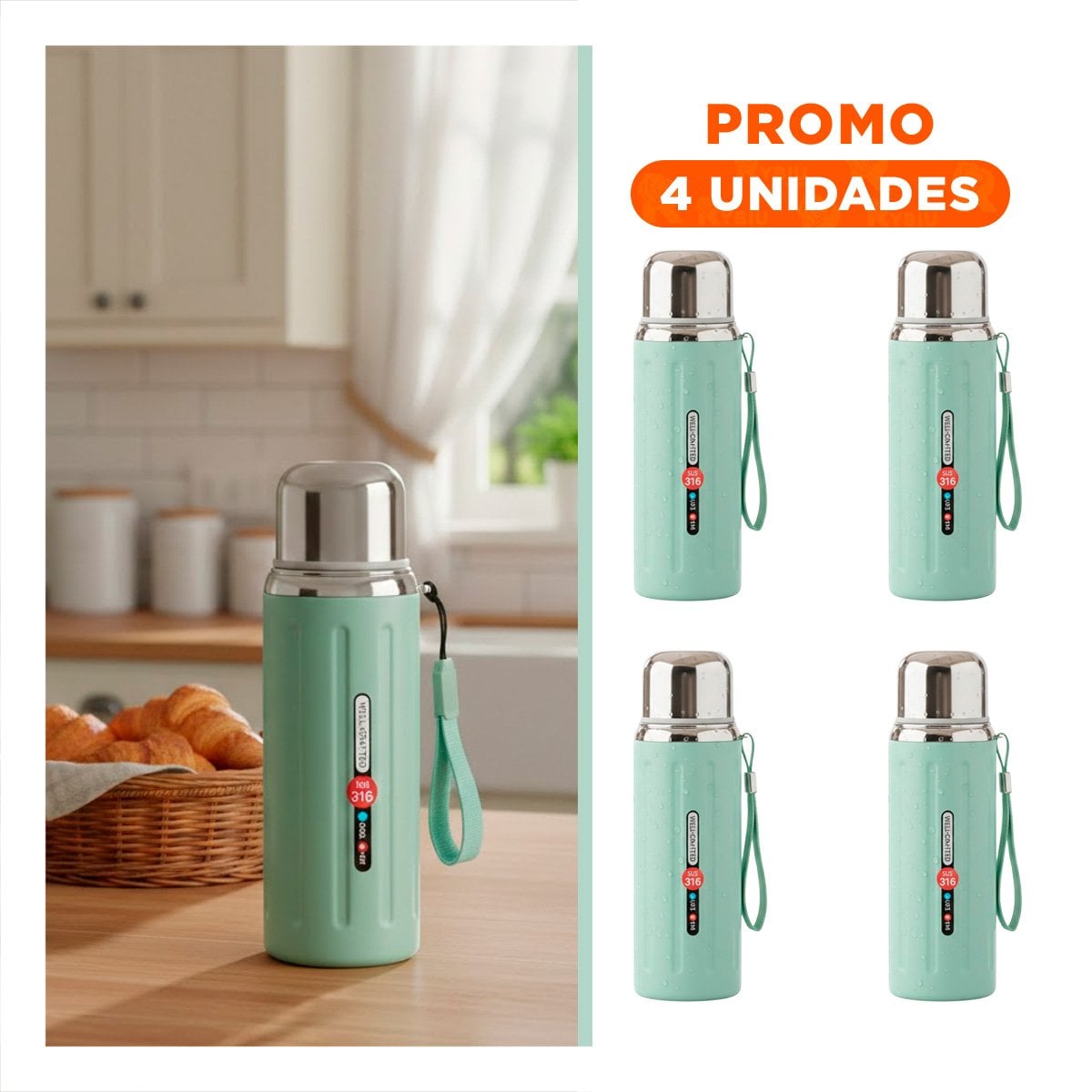 PACK4 ENVASE 800ML VERDE AGUA DOBLE CAPA QUE CONSERVA TEMPERATURA POR HORAS - 1