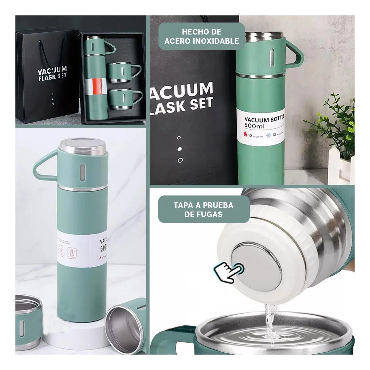 PACK12 BOTELLA DE VIAJE CON DOS TAZAS PARA OFICINA VERDE - 2
