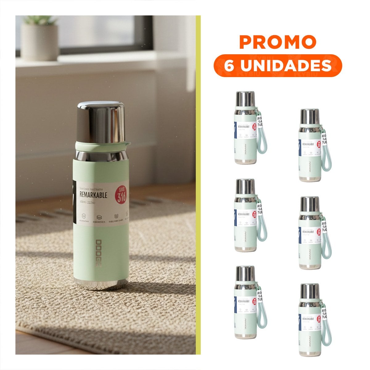 PACK6 FRASCO VERDE AGUA 800ML CON TAPA SEGURA PARA CAFÉ TÉ Y BEBIDAS CALIENTES Y+REGALO STICKER - 1