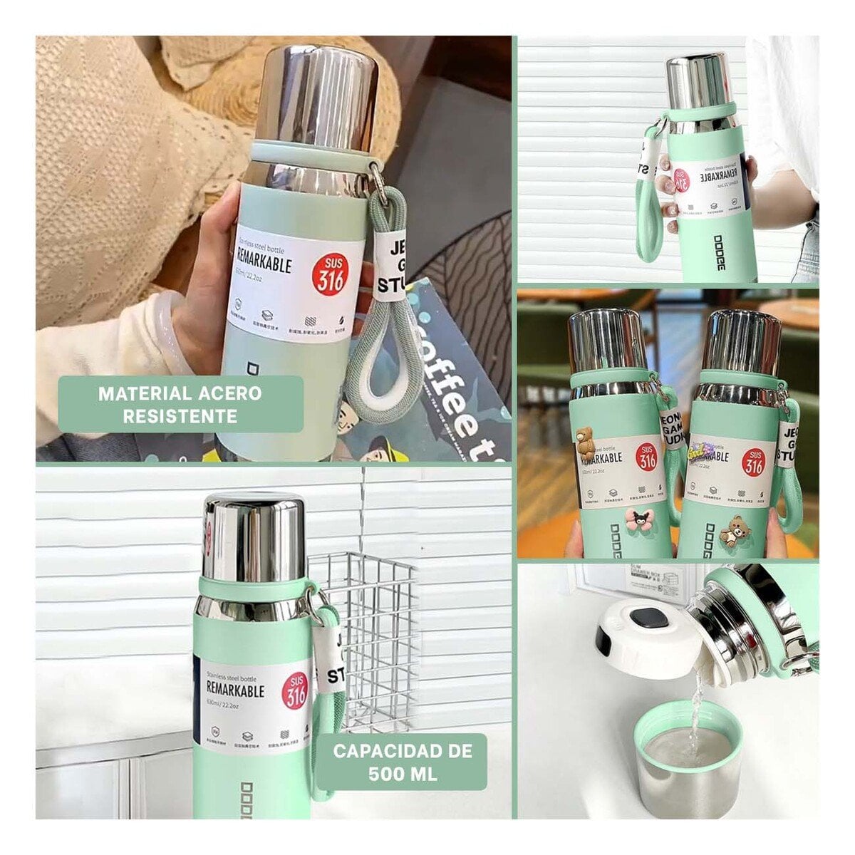 TERMO VERDE AGUA 500ML CON TAPA SEGURA PARA CAFÉ TÉ Y BEBIDAS FRÍAS Y+LIGAS REGALO - 1