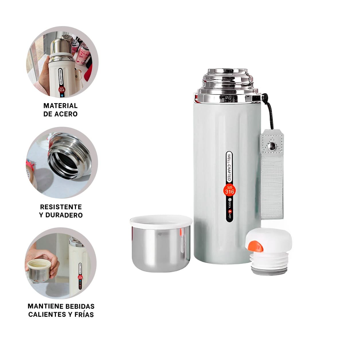 TERMO 800ML BLANCO LIGERO Y COMODO PARA LLEVAR BEBIDAS CALIENTES Y FRIAS YPOST IT - 5