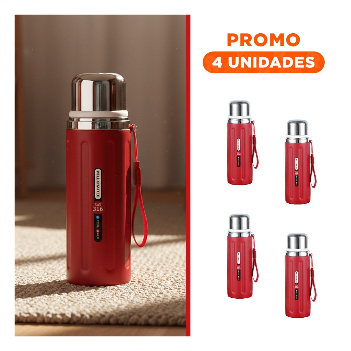 PACK4 ENVASE 800ML ROJO DOBLE CAPA QUE CONSERVA TEMPERATURA POR HORAS - 1