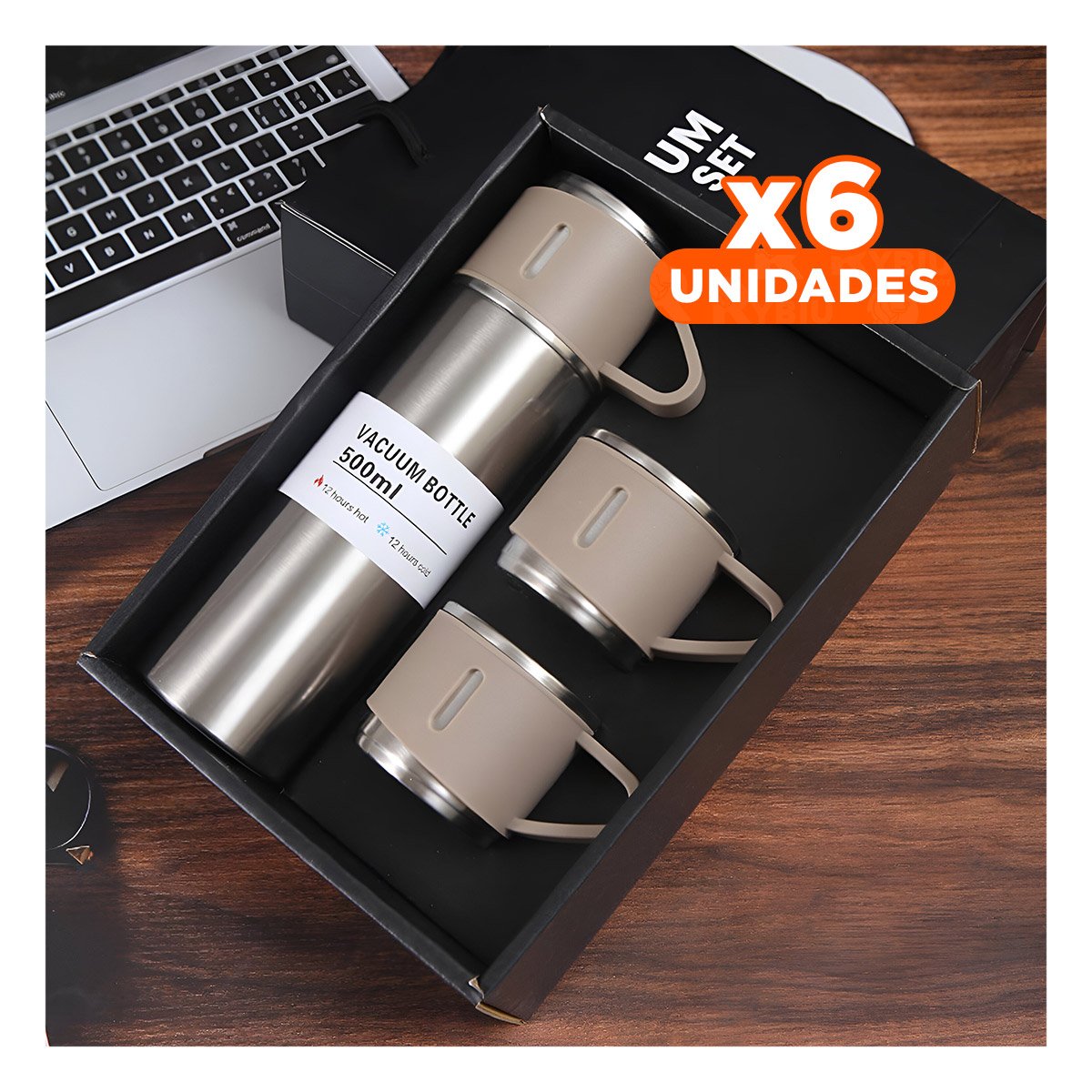 PACK6 CANTIMPLORA TERMICA MODERNA CON DOS TAZAS PARA VIAJES AZUL Y+PAPEL REGALO - 1