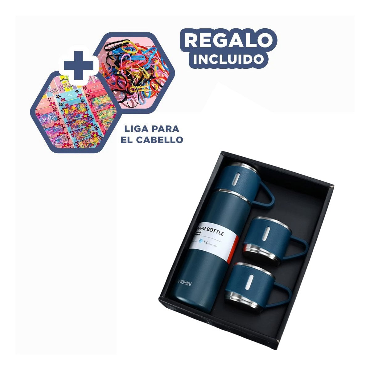 RECIPIENTE TERMICO INDIVIDUAL CON DOS TAZAS PARA CAFE Y TE AZUL Y+LIGAS REGALO - 2