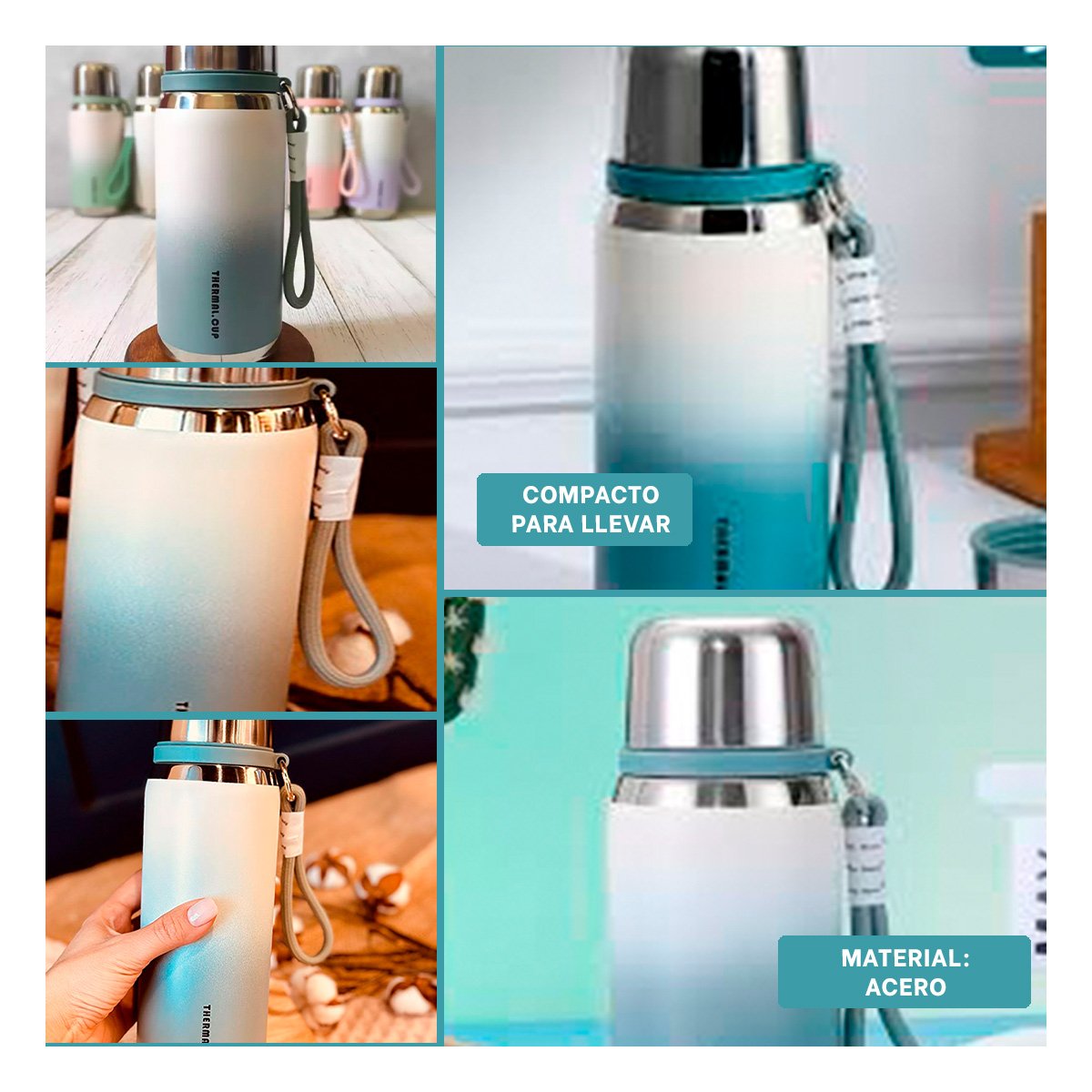 TERMO 800ML AZUL LIGERO Y COMODO PARA LLEVAR BEBIDAS CALIENTES Y FRIAS Y+POST IT - 2