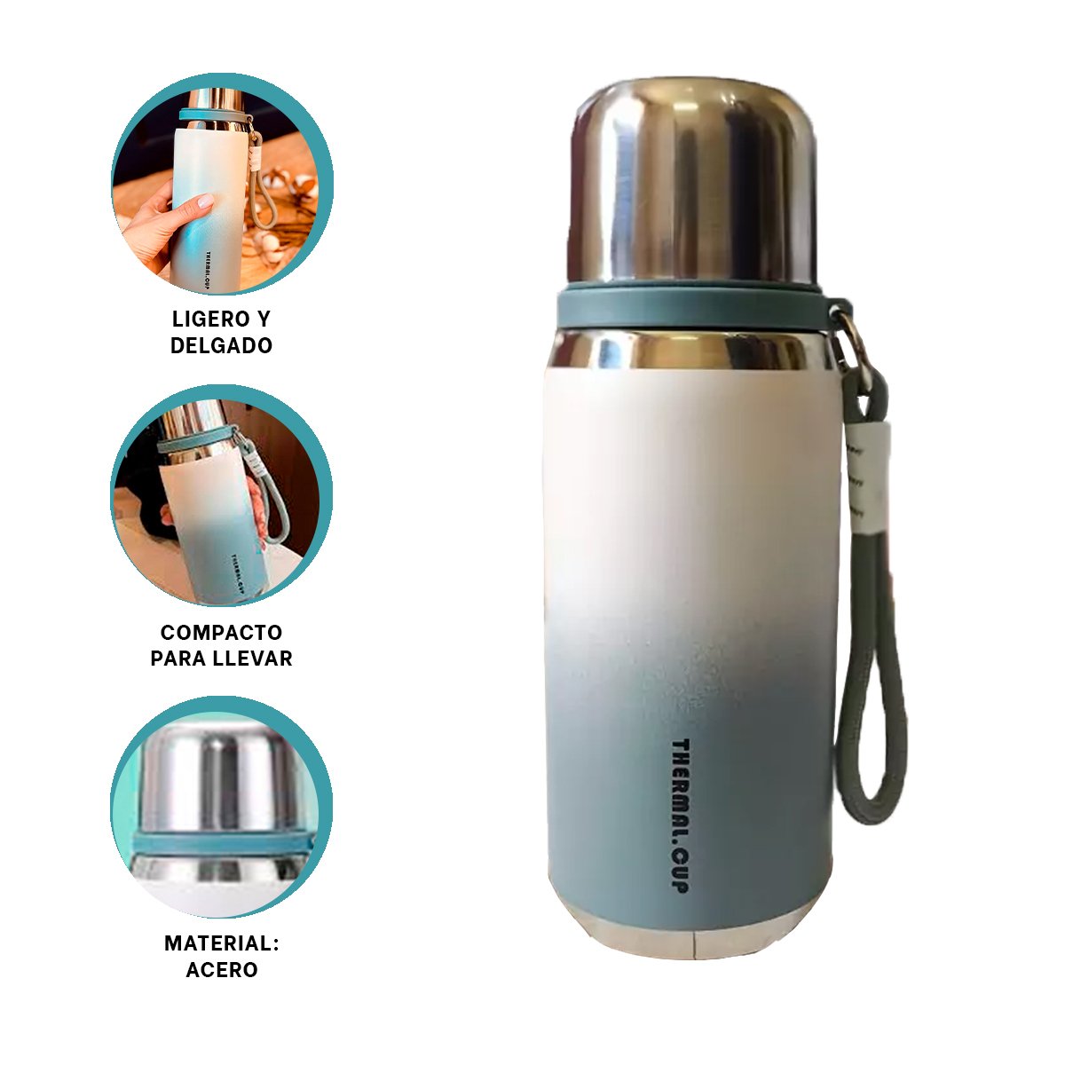 TERMO 800ML AZUL LIGERO Y COMODO PARA LLEVAR BEBIDAS CALIENTES Y FRIAS Y+POST IT - 5