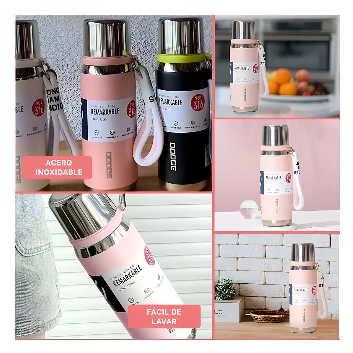 PACK2 VASO TÉRMICO ROSADO 800ML CON TAPA HERMÉTICA PARA CAFÉ TÉ Y JUGOS Y+PAPEL REGALO - 3