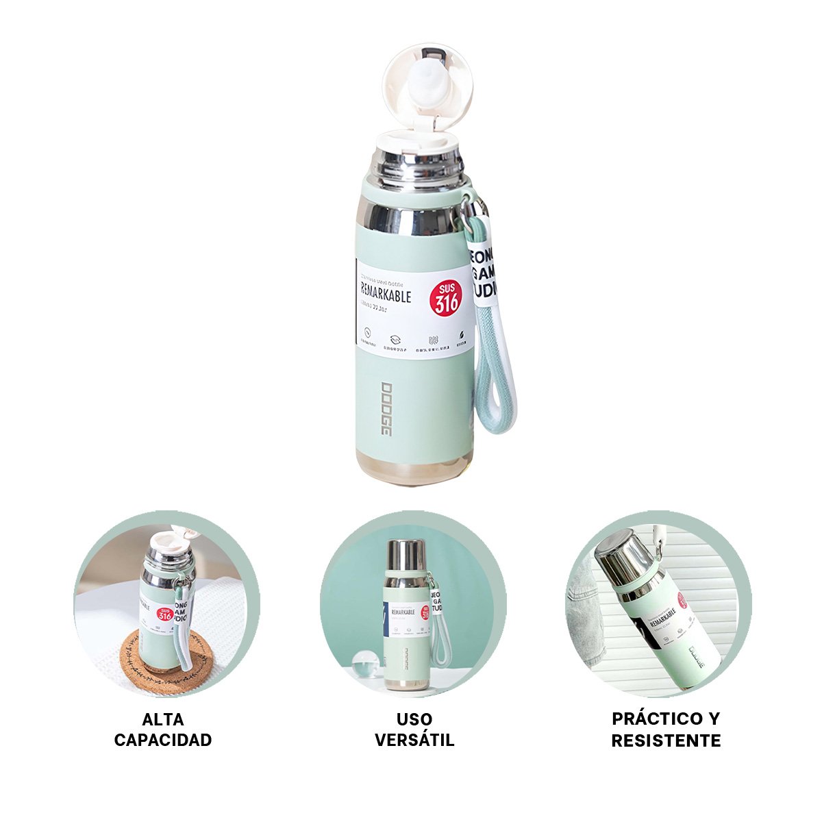 TERMO VERDE AGUA 800ML PARA TRANSPORTE FÁCIL DE BEBIDAS CALIENTES Y FRÍAS Y+PAPEL REGALO - 5
