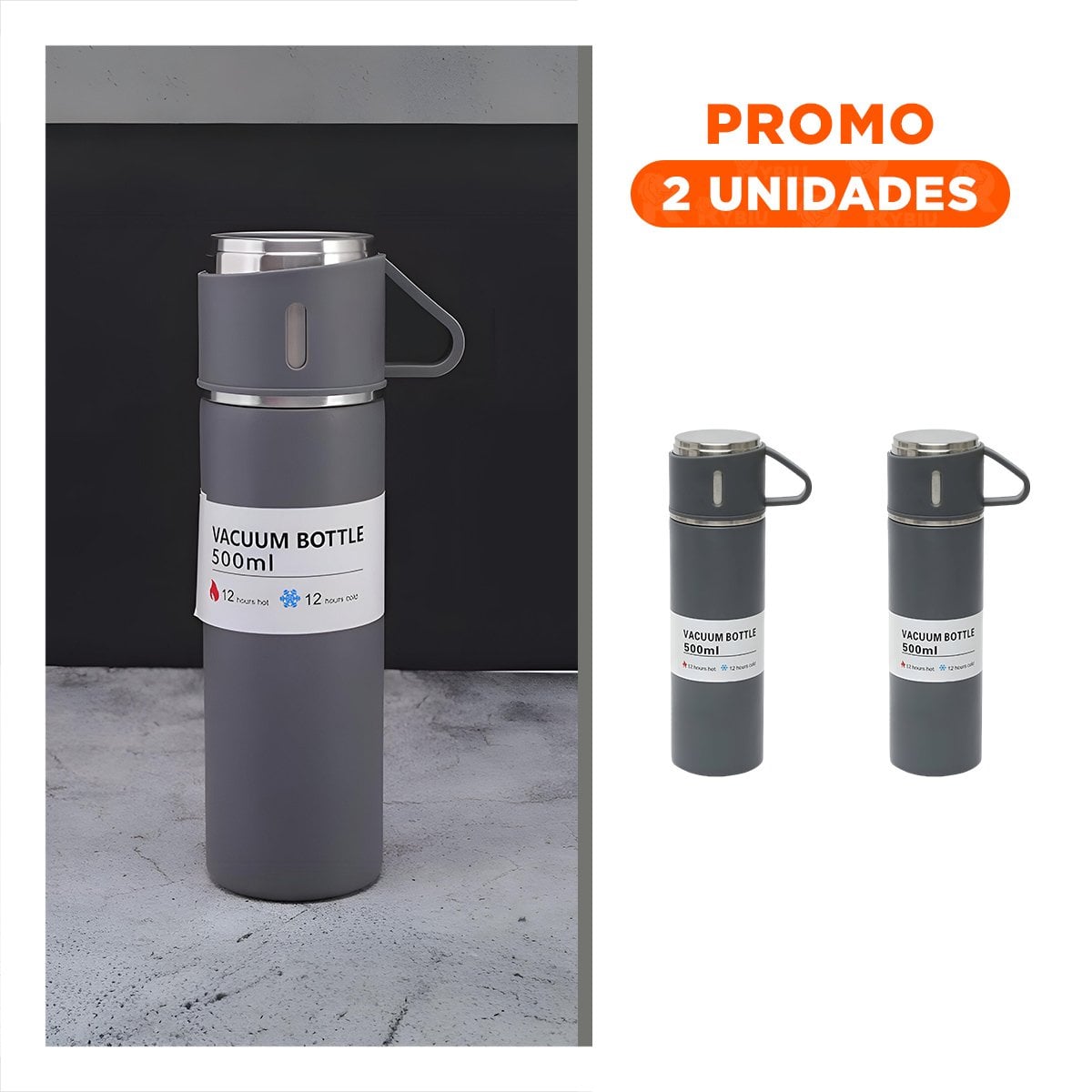 PACK2 FRASCO PORTATIL INDIVIDUAL CON DOS TAZAS PARA HOGAR PLOMO Y+REGALO STICKER - 1