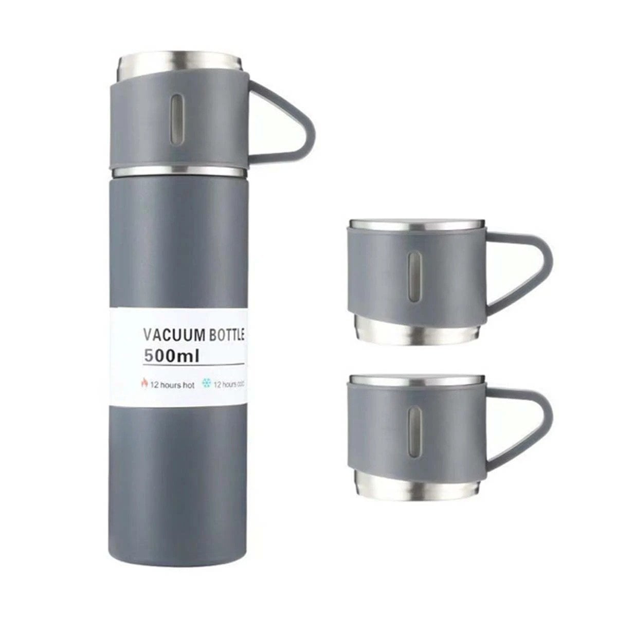 PACK2 FRASCO PORTATIL INDIVIDUAL CON DOS TAZAS PARA HOGAR PLOMO Y+REGALO STICKER - 2
