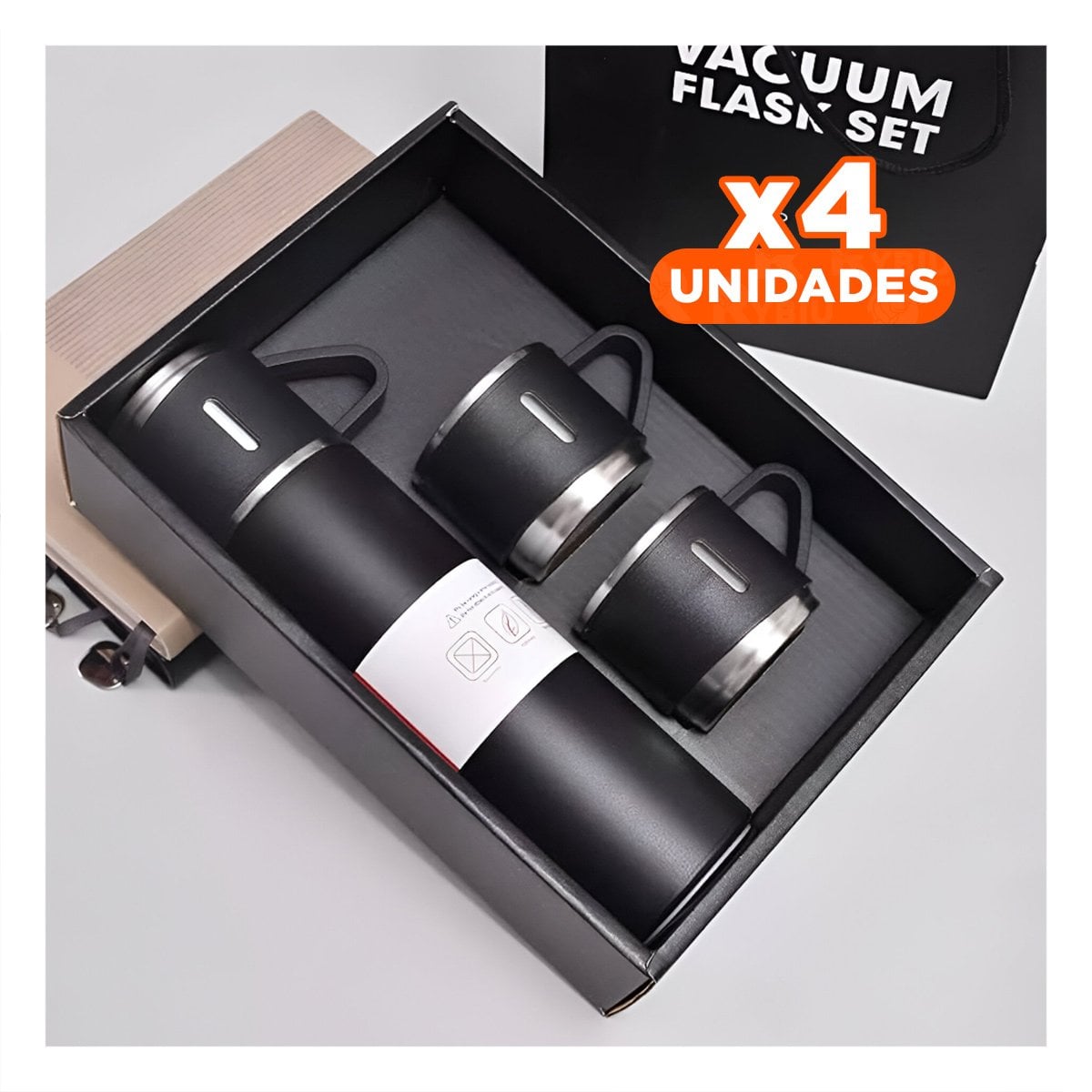 PACK4 VASO PORTATIL INDIVIDUAL CON DOS TAZAS PARA USO DIARIO NEGRO Y+PAPEL REGALO - 1