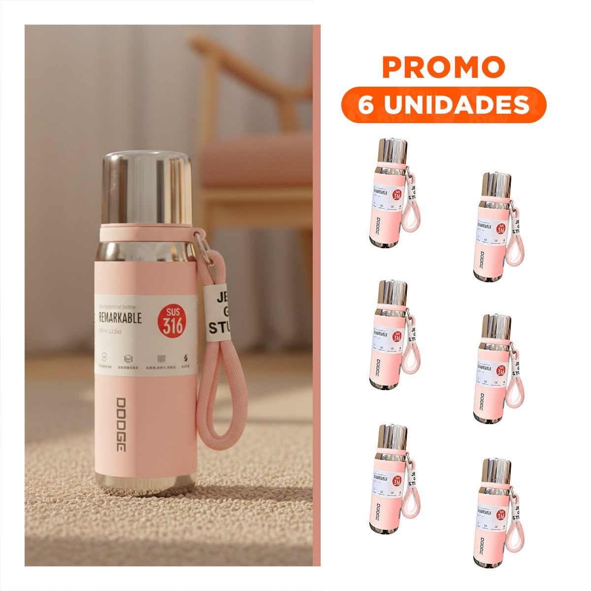 PACK6 FRASCO ROSADO 500ML CON TAPA SEGURA PARA CAFÉ TÉ Y BEBIDAS CALIENTES Y+REGALO STICKER - 1