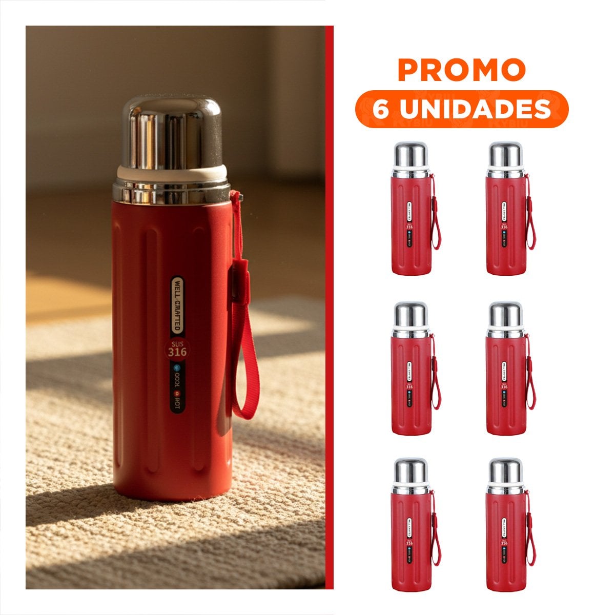 PACK6 CONTENEDOR 800ML ROJO DOBLE PARED QUE CONSERVA TEMPERATURA POR HORAS YREGALO STICKER - 1