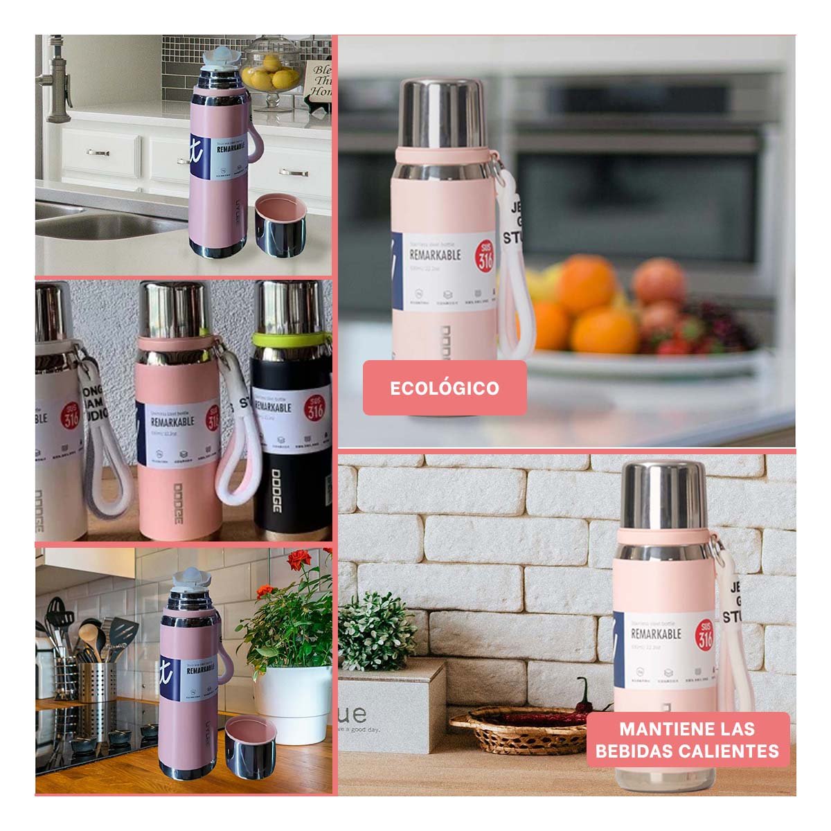 TERMO ROSADO 800ML CON TAPA HERMÉTICA PARA CAFÉ TÉ Y BEBIDAS DIARIAS Y+PAPEL REGALO - 3