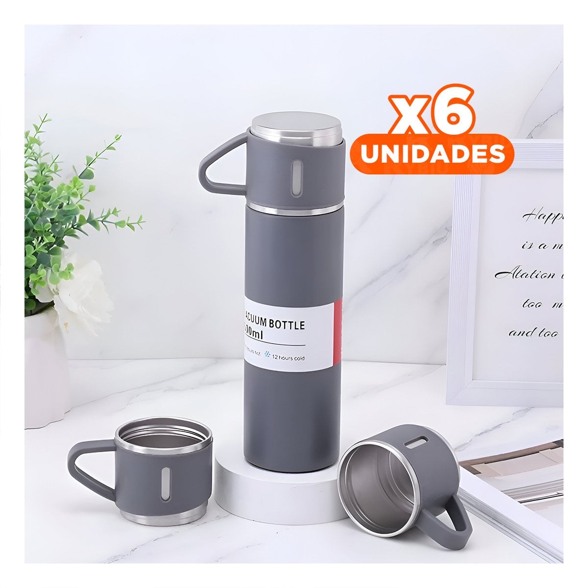 PACK6 TERMO DE VIAJE CON DOS TAZAS PARA BEBIDAS CALIENTES PLOMO - 1