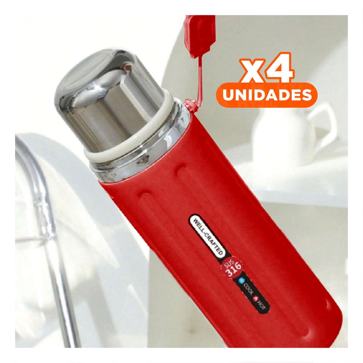 PACK4 CONTENEDOR 800ML ROJO DEGRADADO PARA BEBIDAS CALIENTES Y FRIAS EN CASA YREGALO STICKER - 1