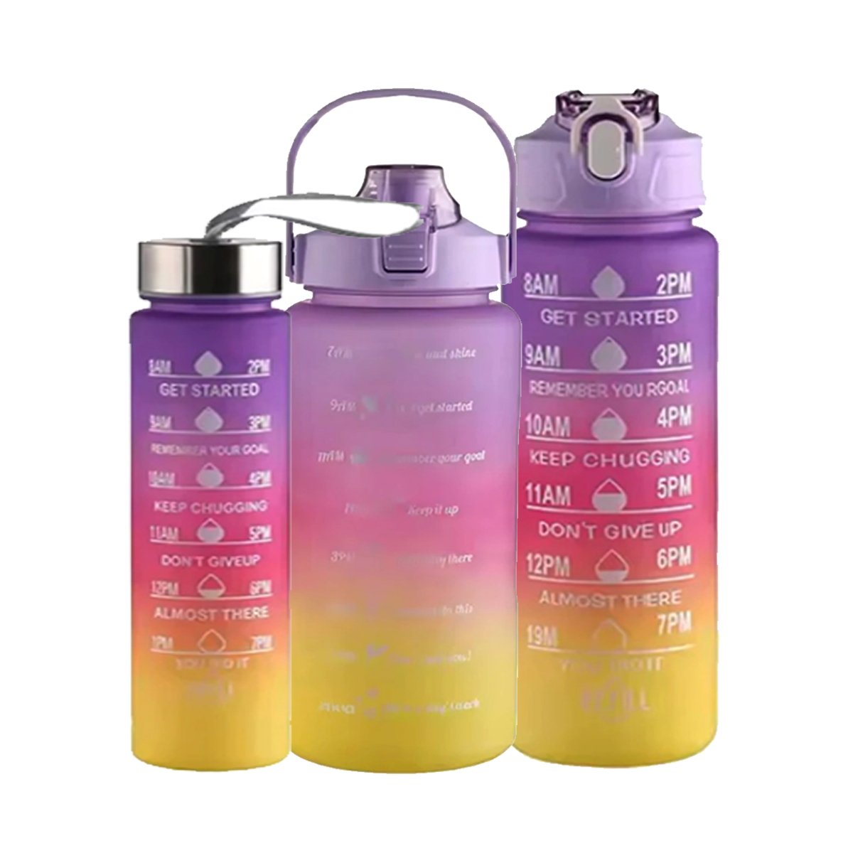 PACK6 BOTELLAS DE HIDRATACION EN MORADO CON TAPA Y CAPACIDADES 2L 1L Y 300ML Y+REGALO STICKER - 2
