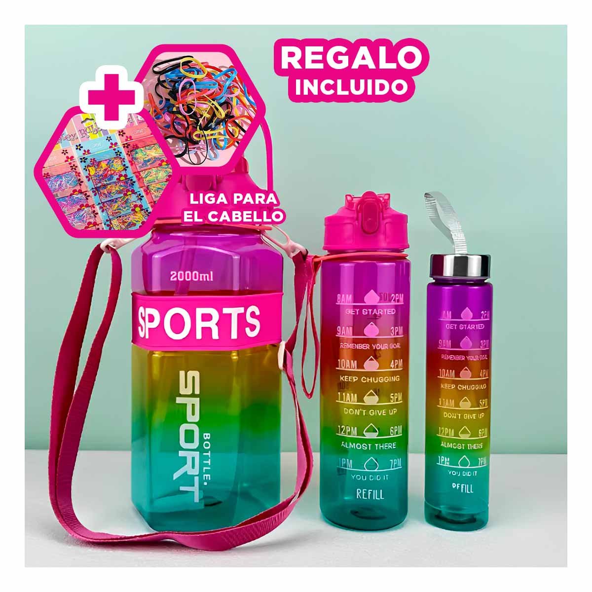 TOMATODO TRIO TRANSPARENTE FUCSIA AMARILLO Y VERDE LIGERO Y COMODO TRANSPORTAR YLIGAS REGALO - 2