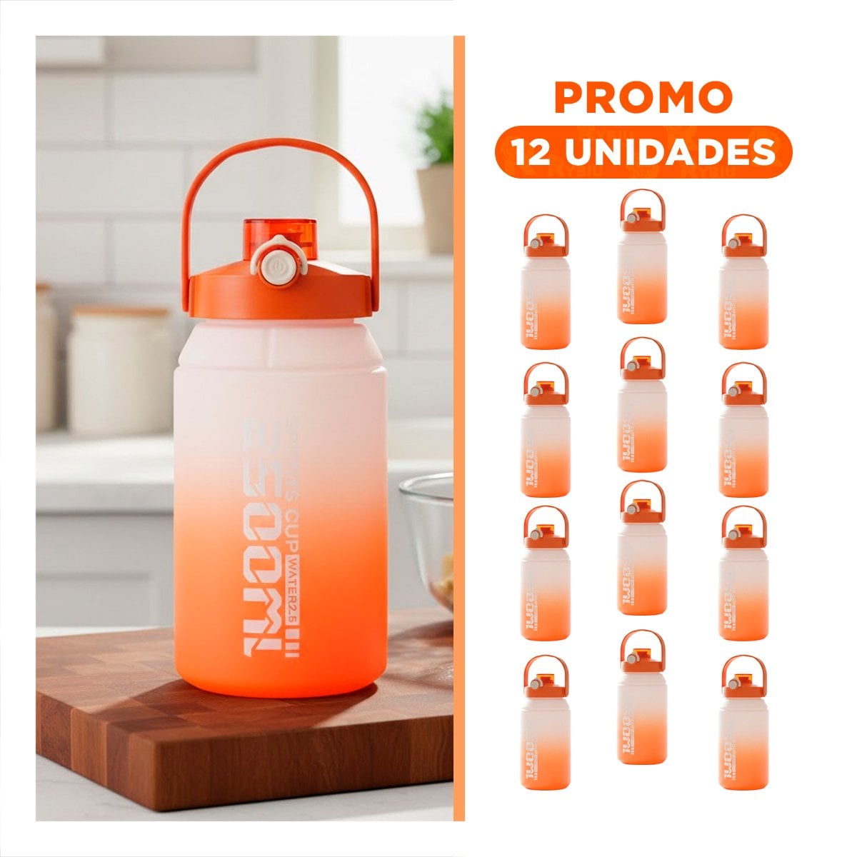 PACK12 BIDON REUTILIZABLE PARA DIA A DIA 2500ML EN NARANJA Y BLANCO - 1