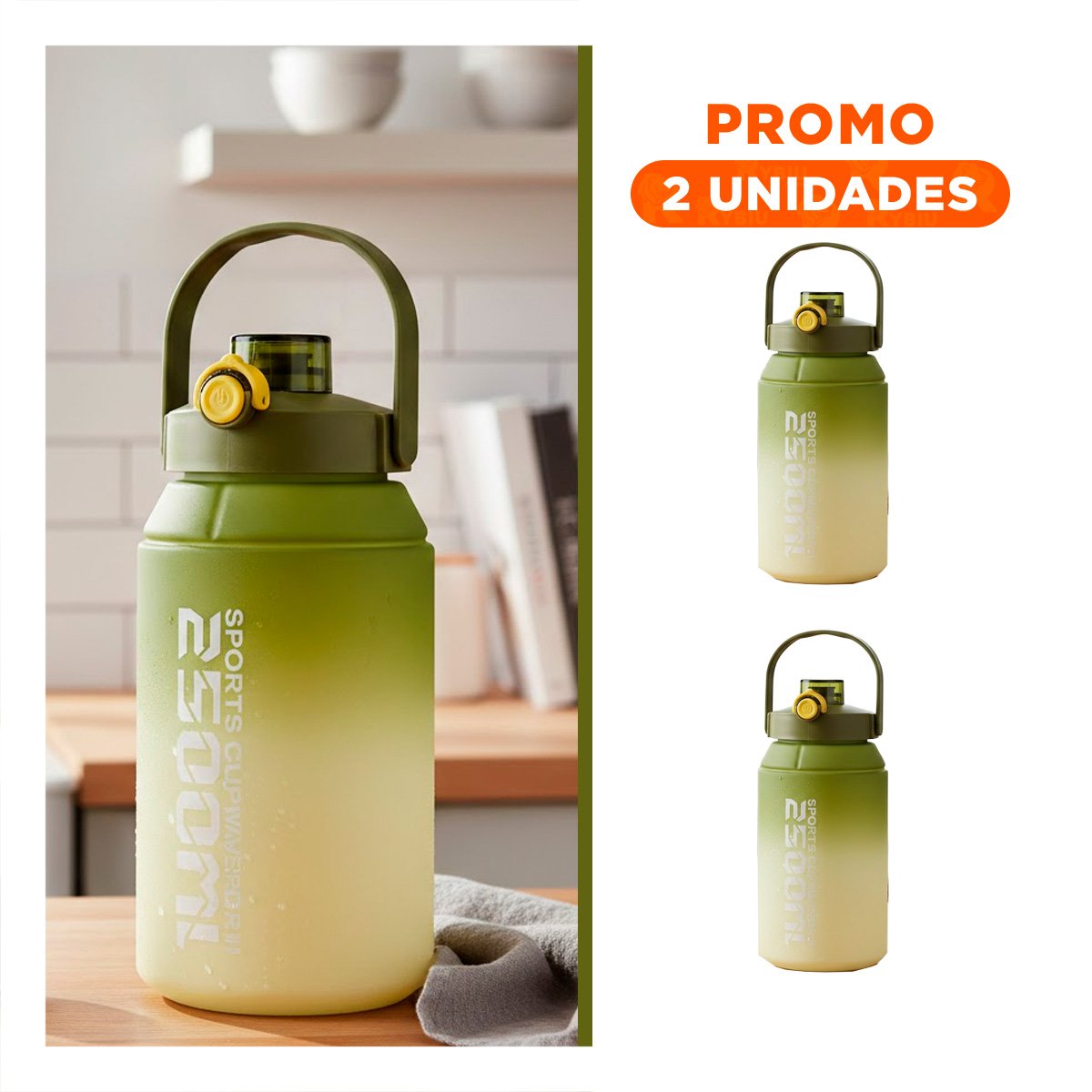 PACK2 BOTELLA REFORZADA PARA MOVIMIENTO CONSTANTE 2500ML EN VERDE Y BLANCO YREGALO STICKER - 1