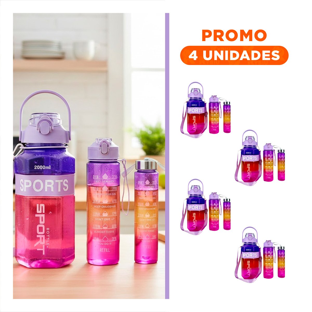 PACK4 ENVASE TRIO TRANSPARENTE MORADO ROJO Y FUCSIA LIGERO Y COMODO TRANSPORTAR - 1
