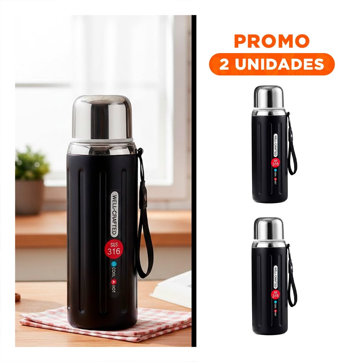 PACK2 ENVASE 800ML NEGRO RESISTENTE Y DURADERO PARA LLEVAR BEBIDAS YREGALO STICKER - 1