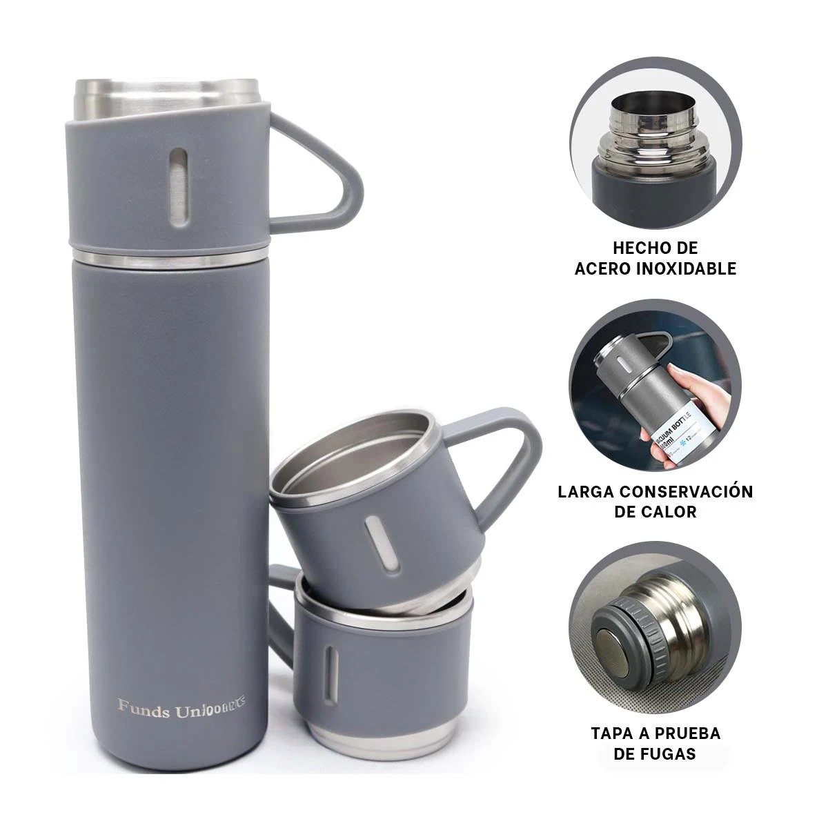 FRASCO TERMICO INDIVIDUAL CON DOS TAZAS PARA CAFE Y TE PLOMO Y+PAPEL REGALO - 5