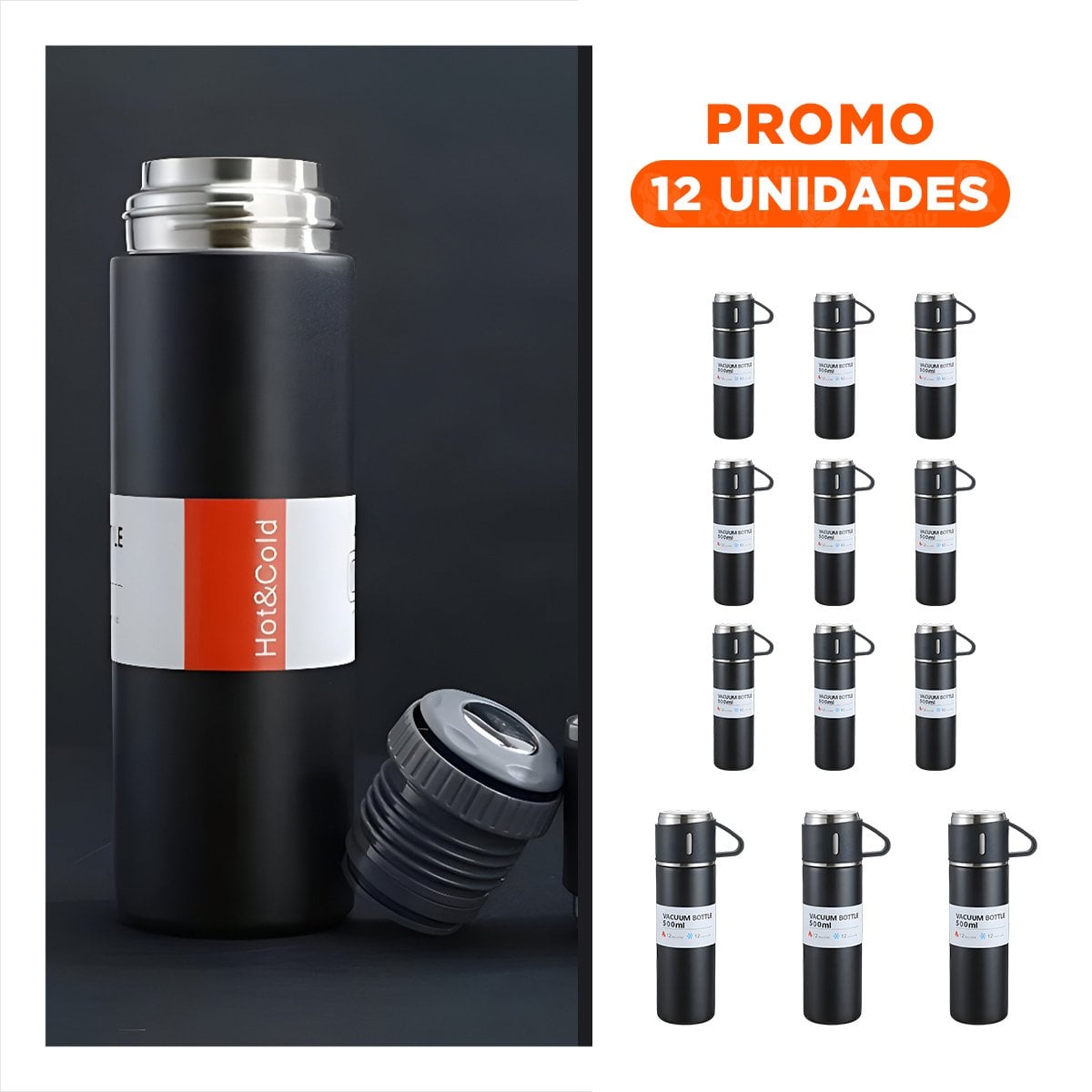 PACK12 BOTELLA DE VIAJE CON DOS TAZAS PARA USO EN OFICINA NEGRO - 1