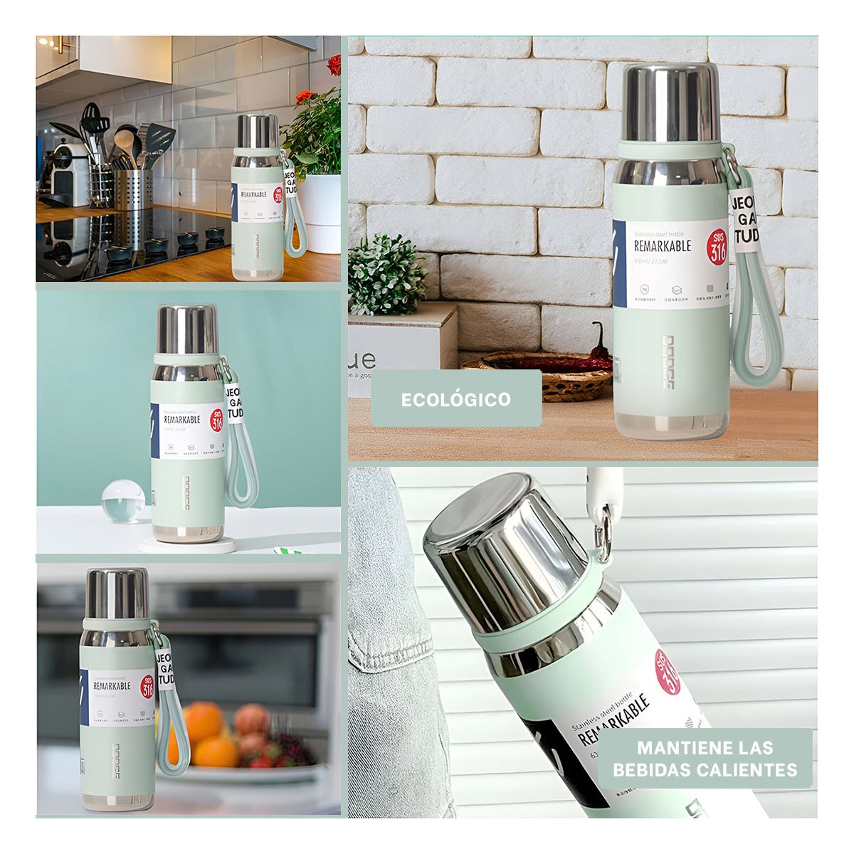 PACK2 RECIPIENTE TÉRMICO VERDE AGUA 800ML CON TAPA HERMÉTICA PARA CAFÉ TÉ Y+PAPEL REGALO - 3