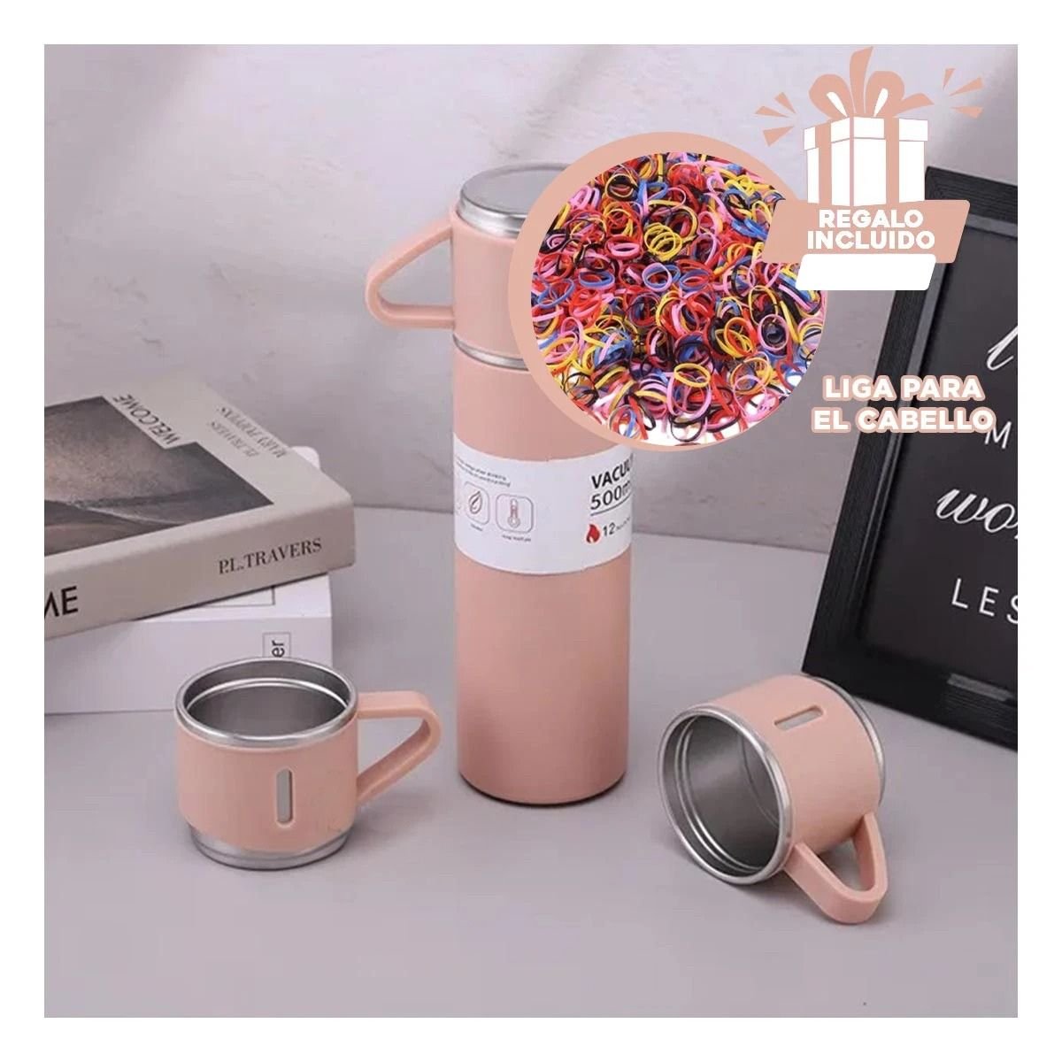 VASO TERMICO INDIVIDUAL CON DOS TAZAS PARA OFICINA ROSADO Y+LIGAS REGALO - 2