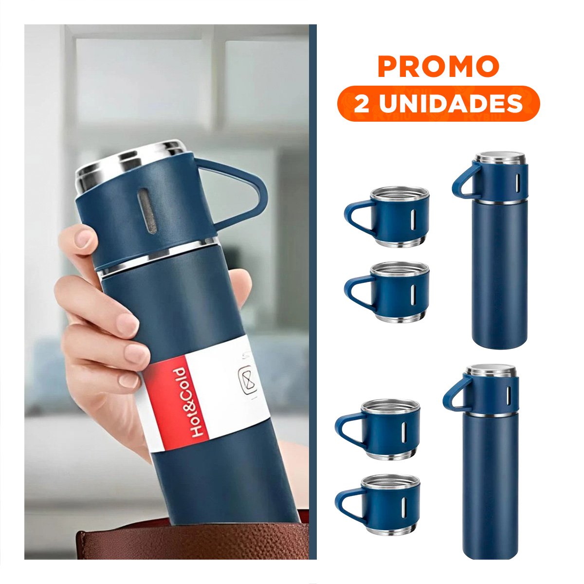PACK2 CANTIMPLORA TERMICA PORTATIL CON DOS TAZAS PARA VIAJES AZUL Y+REGALO STICKER - 1