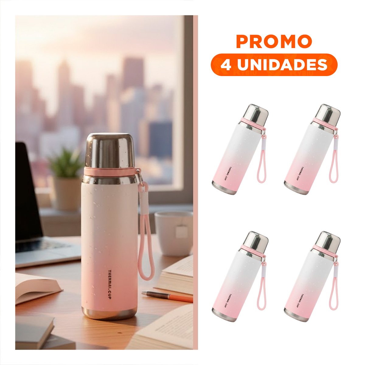 PACK4 ENVASE 800ML ROSADO DOBLE CAPA QUE CONSERVA TEMPERATURA POR HORAS - 1