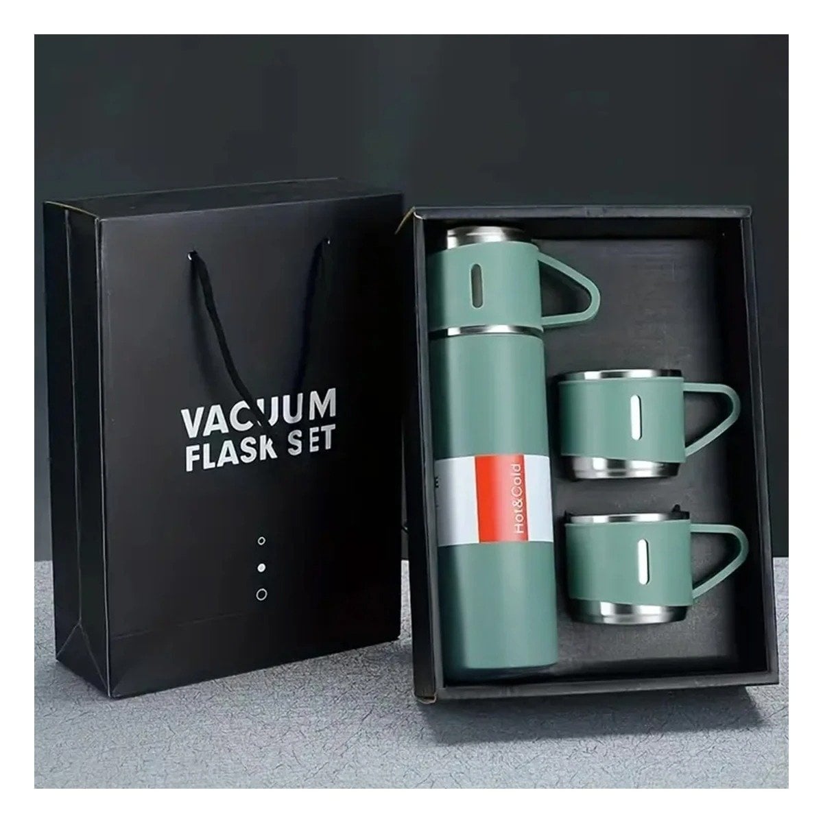 FRASCO TERMICO INDIVIDUAL CON DOS TAZAS PARA CAFE Y TE VERDE Y+PAPEL REGALO - 1