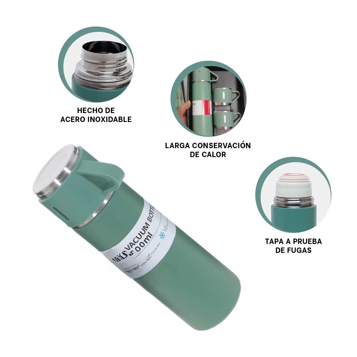 FRASCO TERMICO INDIVIDUAL CON DOS TAZAS PARA CAFE Y TE VERDE Y+PAPEL REGALO - 5