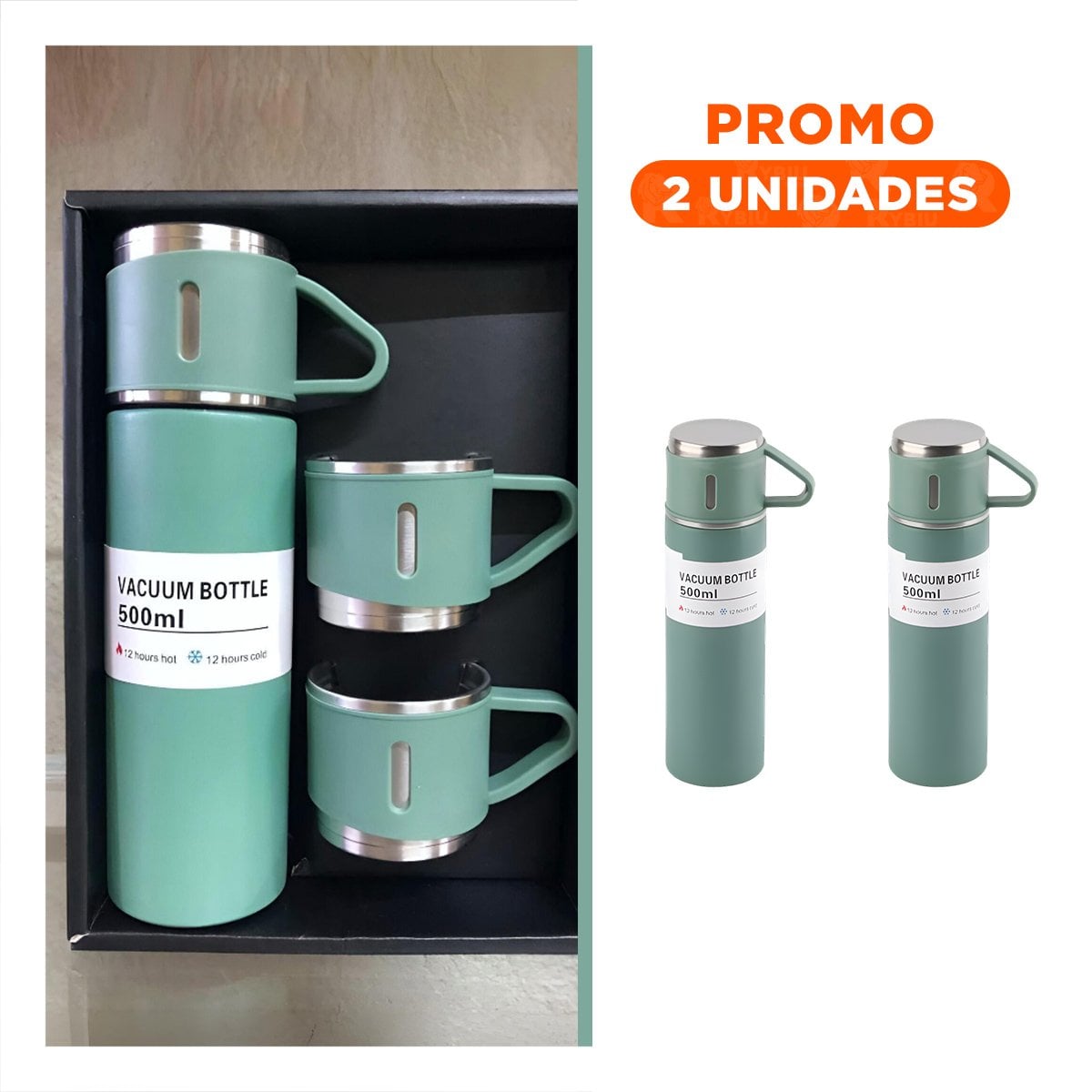PACK2 FRASCO PORTATIL INDIVIDUAL CON DOS TAZAS PARA HOGAR VERDE Y+REGALO STICKER - 1