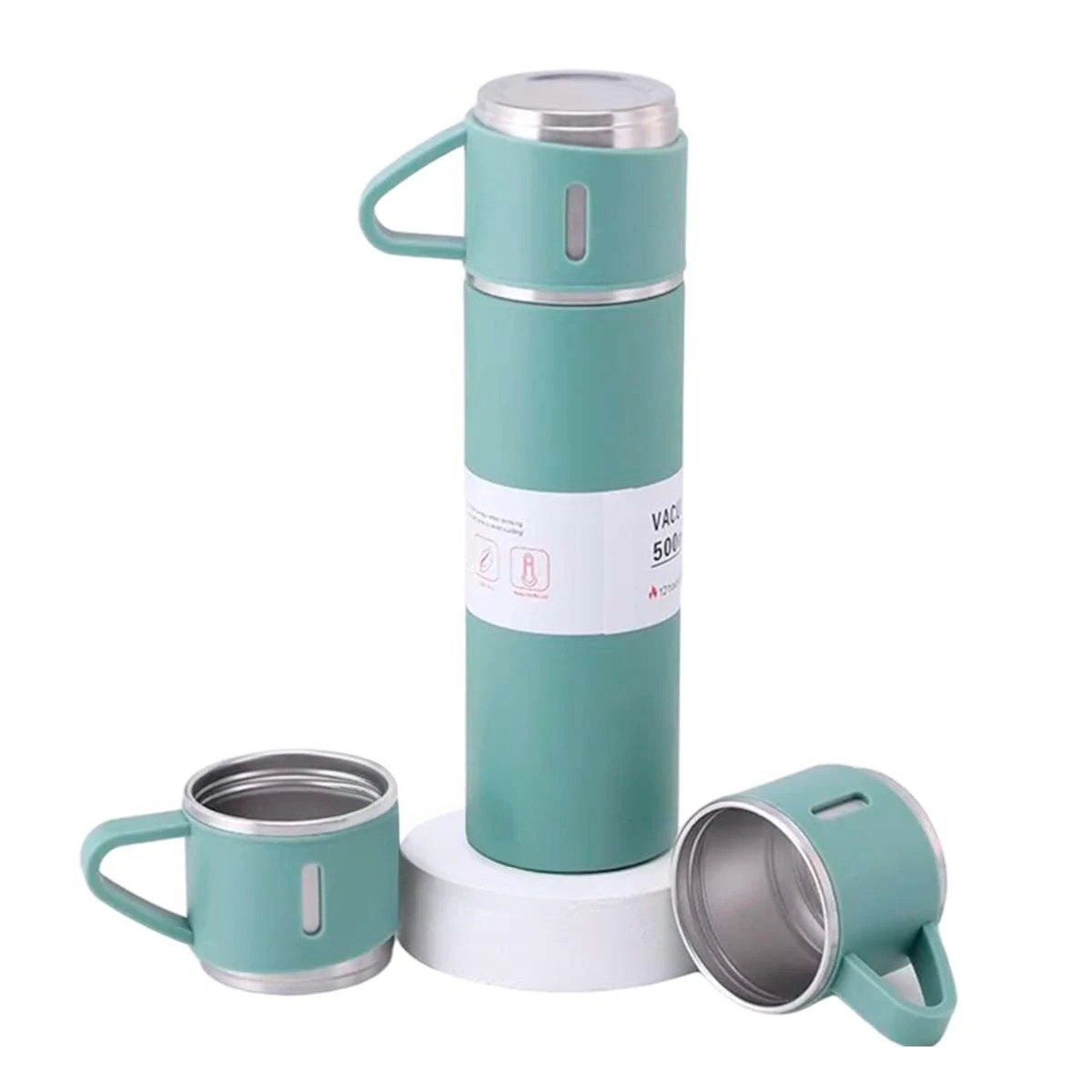 PACK2 FRASCO PORTATIL INDIVIDUAL CON DOS TAZAS PARA HOGAR VERDE Y+REGALO STICKER - 2