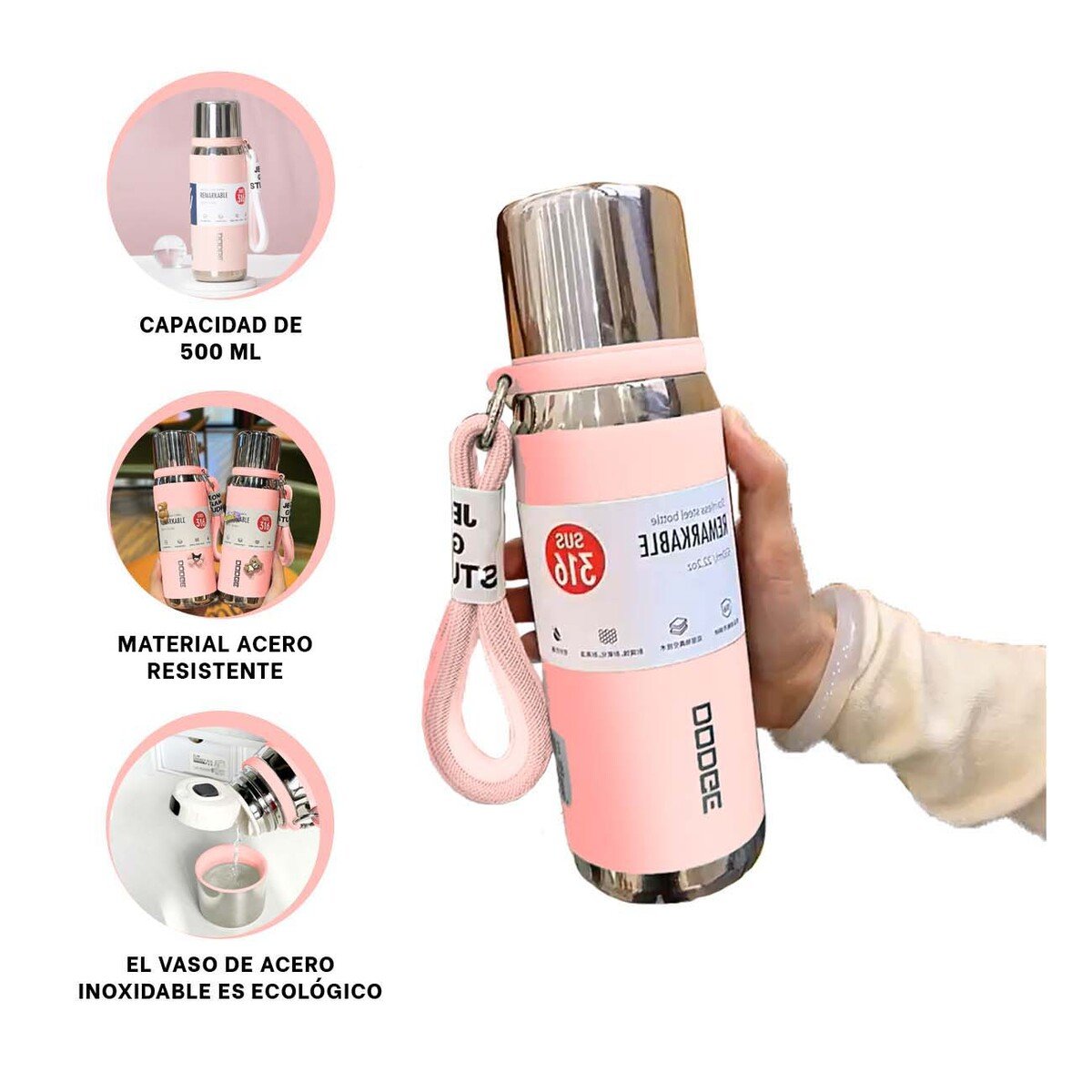 TERMO ROSADO 500ML PARA BEBIDAS CALIENTES Y FRÍAS EN OFICINA HOGAR Y+POST IT - 5