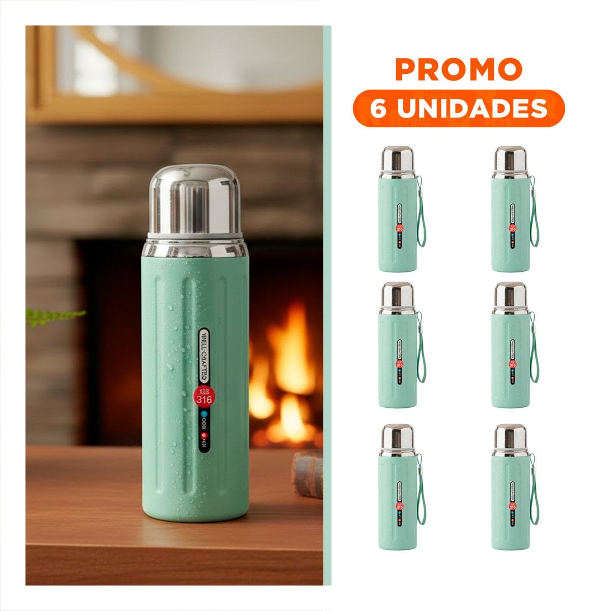 PACK6 CONTENEDOR 800ML VERDE AGUA DOBLE PARED QUE CONSERVA TEMPERATURA YREGALO STICKER - 1