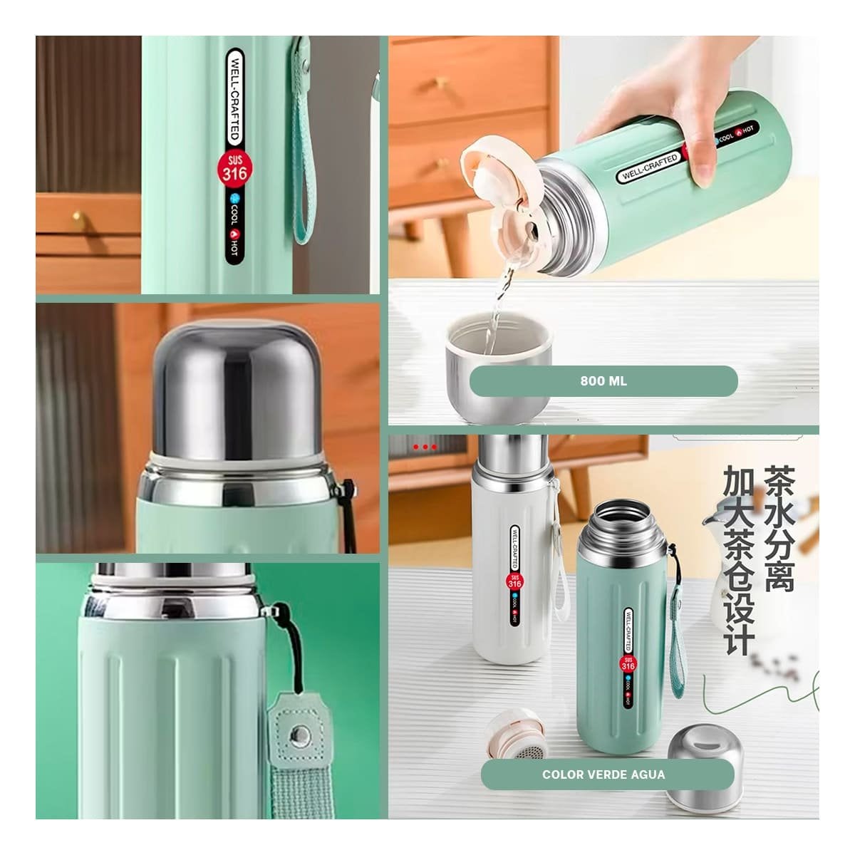 TERMO 800ML VERDE AGUA DOBLE CAPA QUE MANTIENE TEMPERATURA POR HORAS YLIGAS REGALO - 1