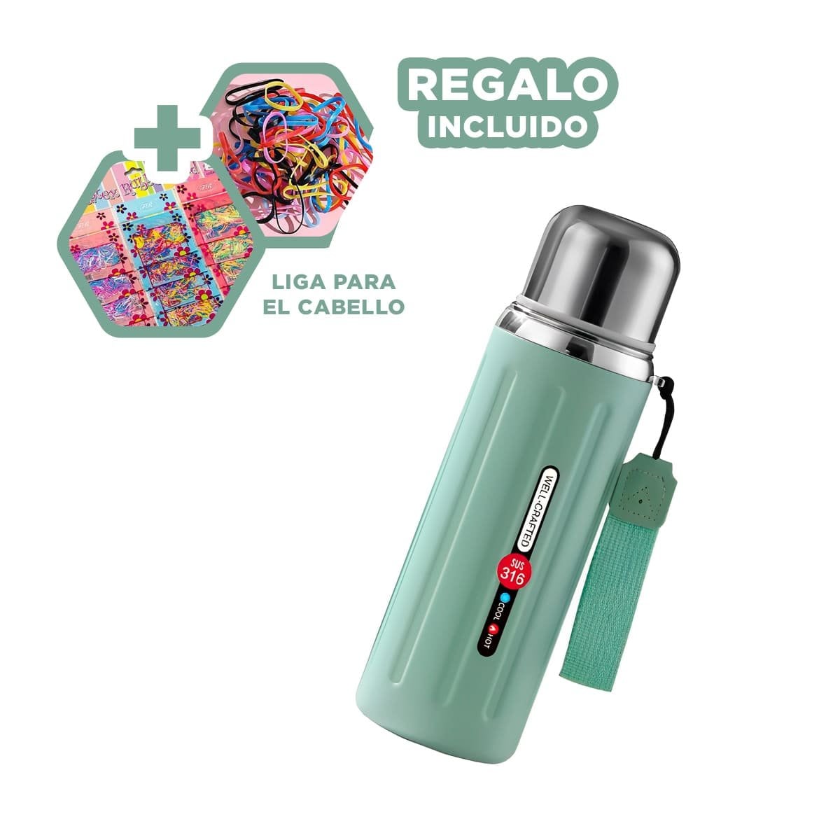 TERMO 800ML VERDE AGUA DOBLE CAPA QUE MANTIENE TEMPERATURA POR HORAS YLIGAS REGALO - 2