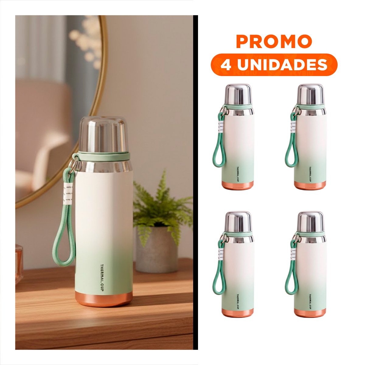 PACK4 RECIPIENTE TÉRMICO DEGRADADO VERDE AGUA 800ML CON TAPA SEGURA BEBIDAS - 1