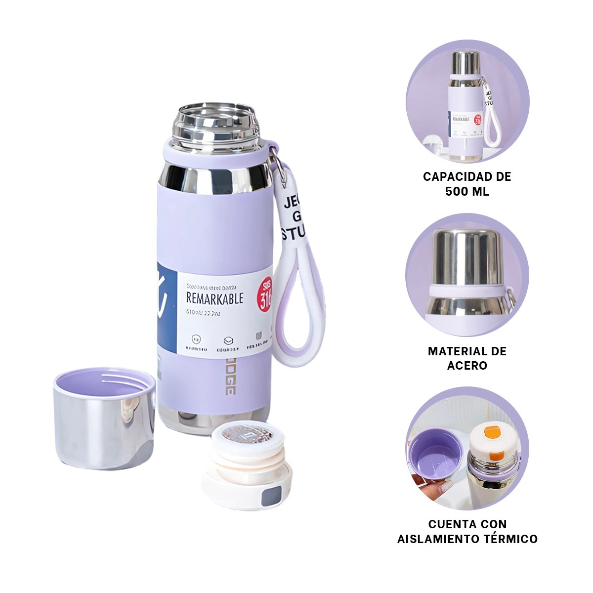 TERMO LILA 500ML PARA TRANSPORTE FÁCIL DE BEBIDAS CALIENTES Y FRÍAS Y+PAPEL REGALO - 5