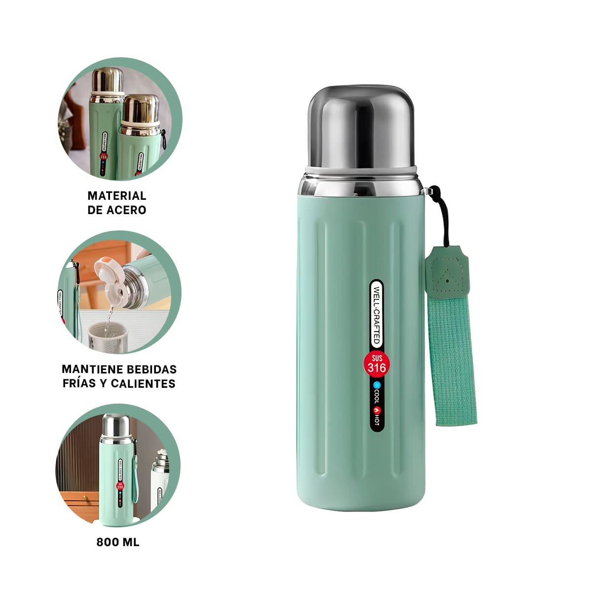 TERMO 800ML VERDE AGUA LIGERO Y COMODO PARA LLEVAR BEBIDAS CALIENTES Y FRIAS YPOST IT - 5