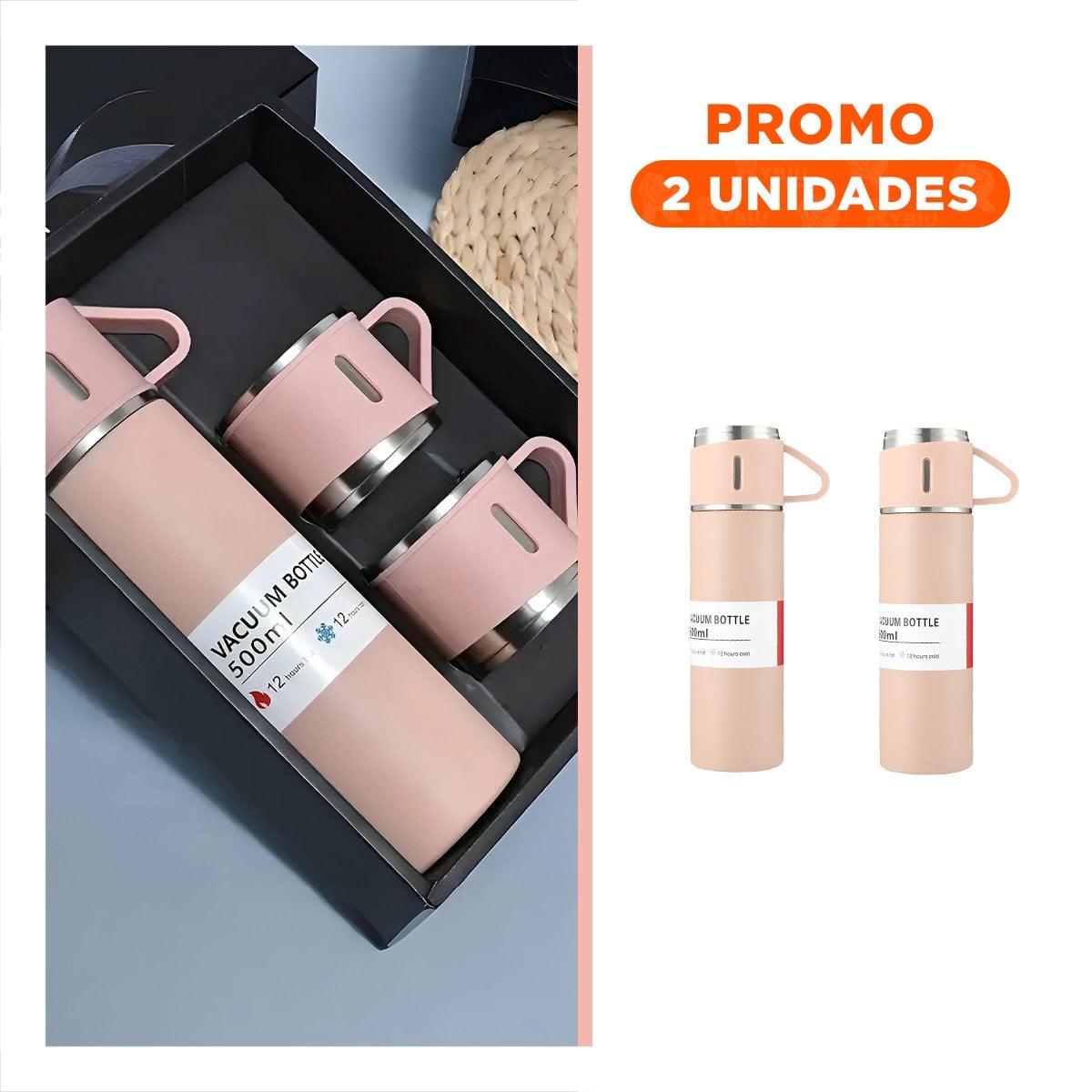 PACK2 FRASCO PORTATIL INDIVIDUAL CON DOS TAZAS PARA HOGAR ROSADO Y+REGALO STICKER - 1