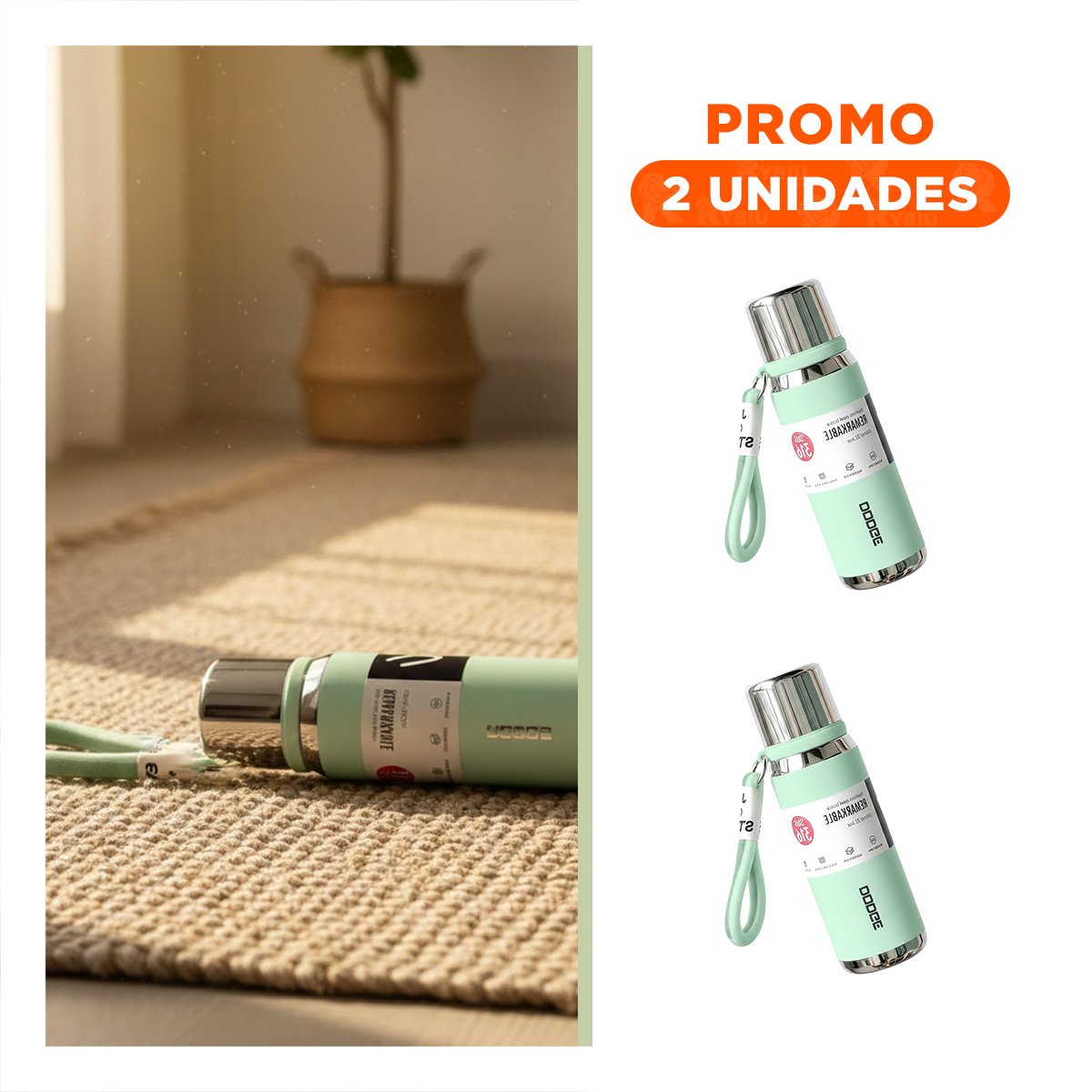 PACK2 RECIPIENTE TÉRMICO VERDE AGUA 500ML PARA USO DIARIO EN HOGAR OFICINA Y+REGALO STICKER - 1